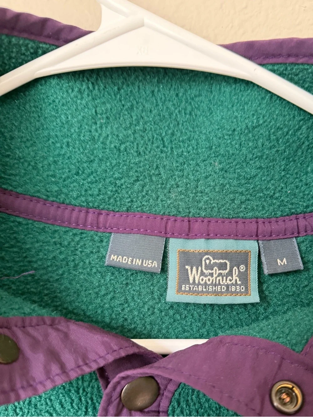 VTG 90s Woolrich Snap-T Fleece Pullover Forest Green Purple Trim Made in USA M